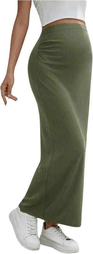 Women's Maternity High Waist Over The Belly Midi Maternity Pencil Skirt Split Hem Bodycon Skirt