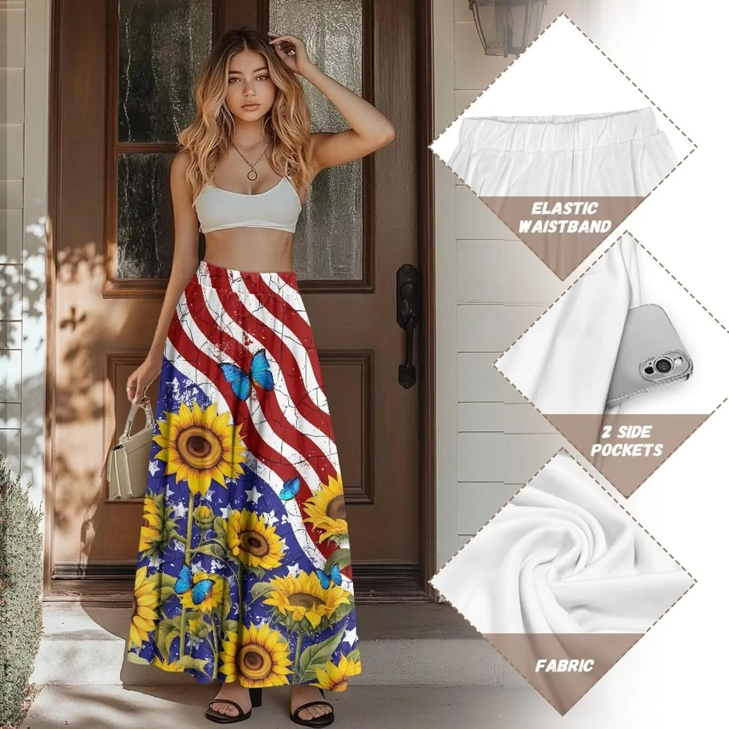 Women's Maxi High Waist Pleated Skirt Casual Long Skirts Flowy Swing Party Skirt with Pockets Ankle Length