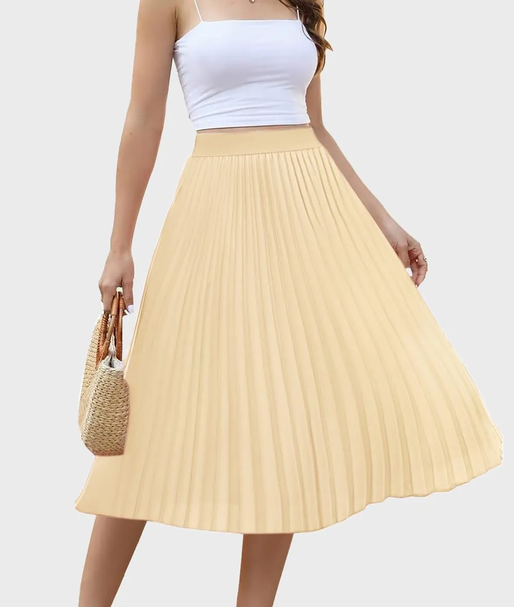 Women's Midi Skirt Elastic High Waist Pleated Skirt Knee Length Swing A-Line Casual Flowy Skirts 2025