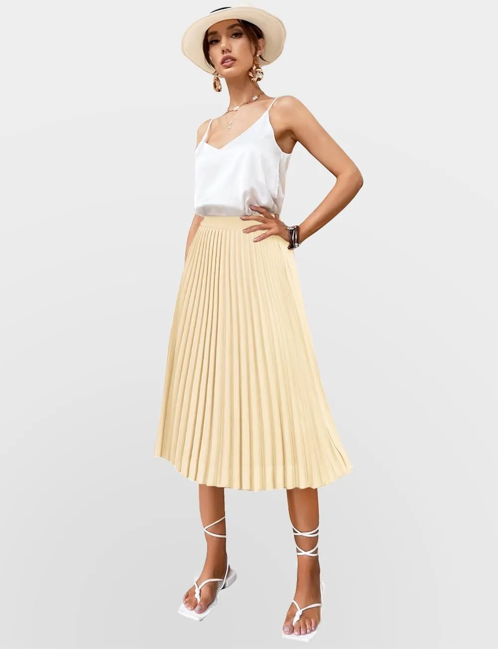 Women's Midi Skirt Elastic High Waist Pleated Skirt Knee Length Swing A-Line Casual Flowy Skirts 2025