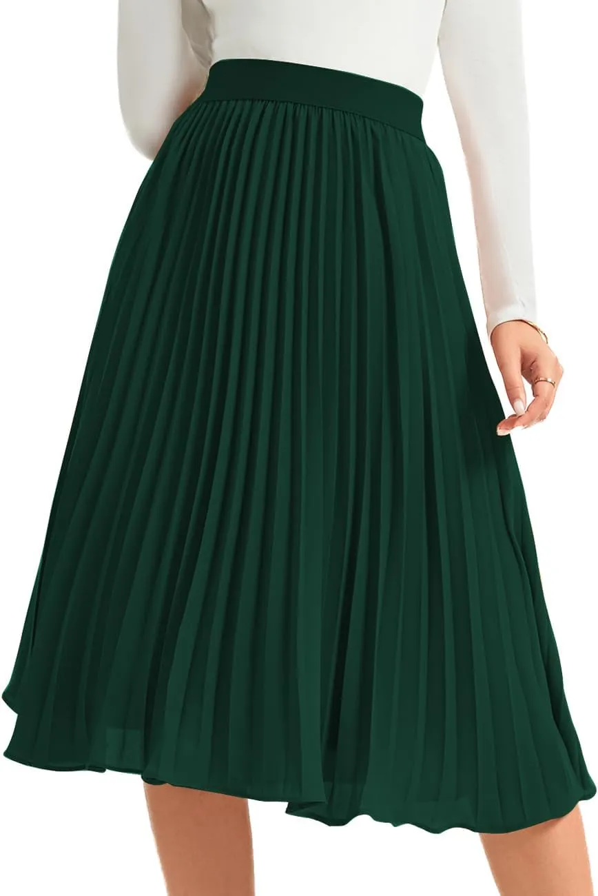 Women's Midi Skirt Elastic High Waist Pleated Skirt Knee Length Swing A-Line Casual Flowy Skirts 2025