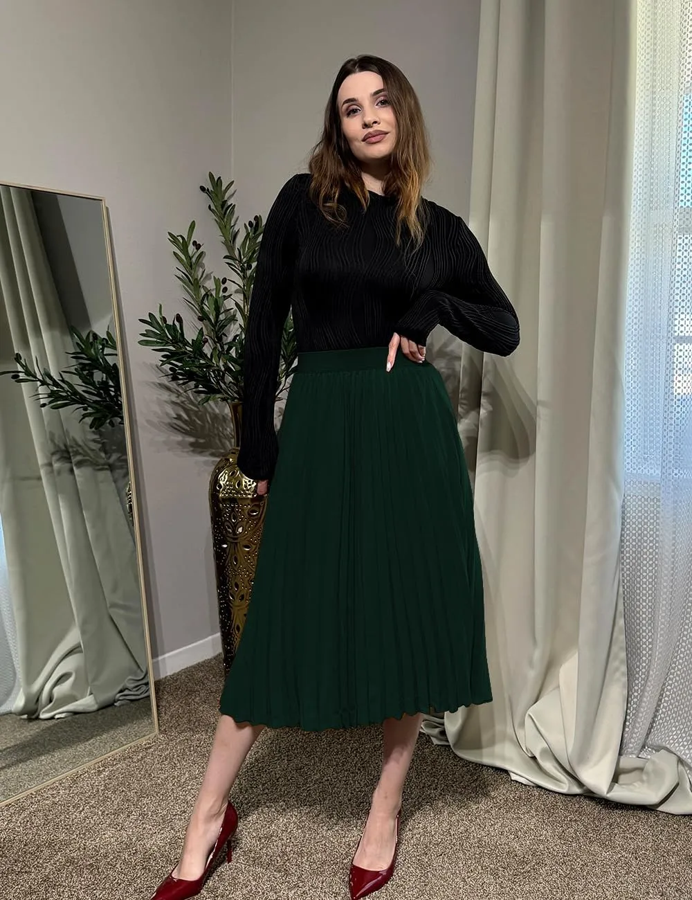 Women's Midi Skirt Elastic High Waist Pleated Skirt Knee Length Swing A-Line Casual Flowy Skirts 2025
