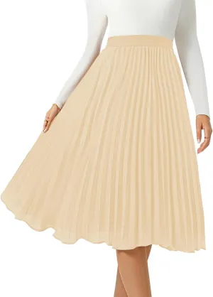 Women's Midi Skirt Elastic High Waist Pleated Skirt Knee Length Swing A-Line Casual Flowy Skirts 2025
