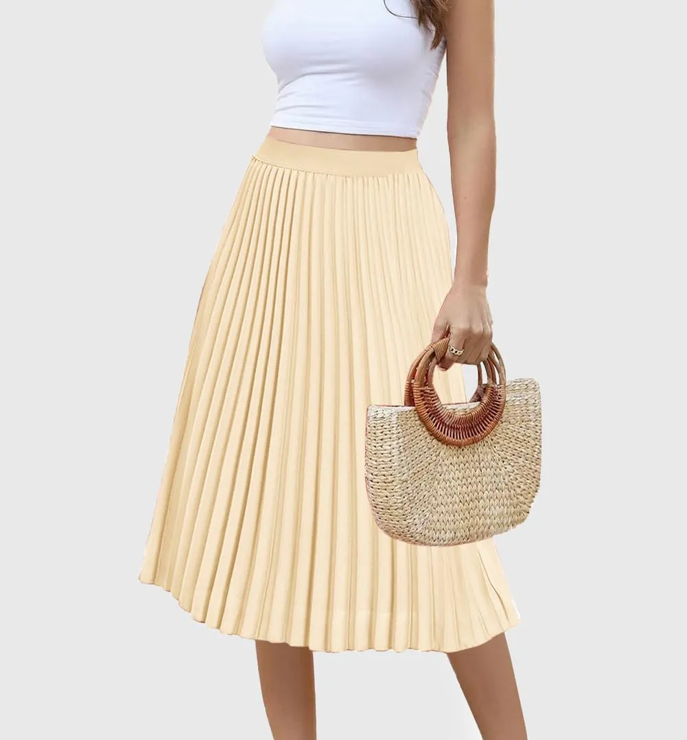 Women's Midi Skirt Elastic High Waist Pleated Skirt Knee Length Swing A-Line Casual Flowy Skirts 2025