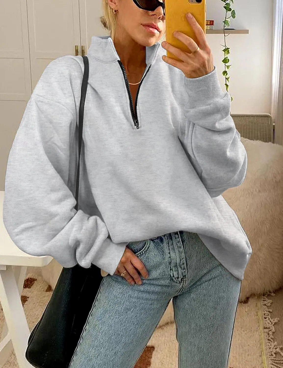Womens Oversized Christmas Sweatshirt Half Zip Pullover Long Sleeve Quarter Zip Tops Teen Girls Fall Fashion 2024 Y2K Clothes