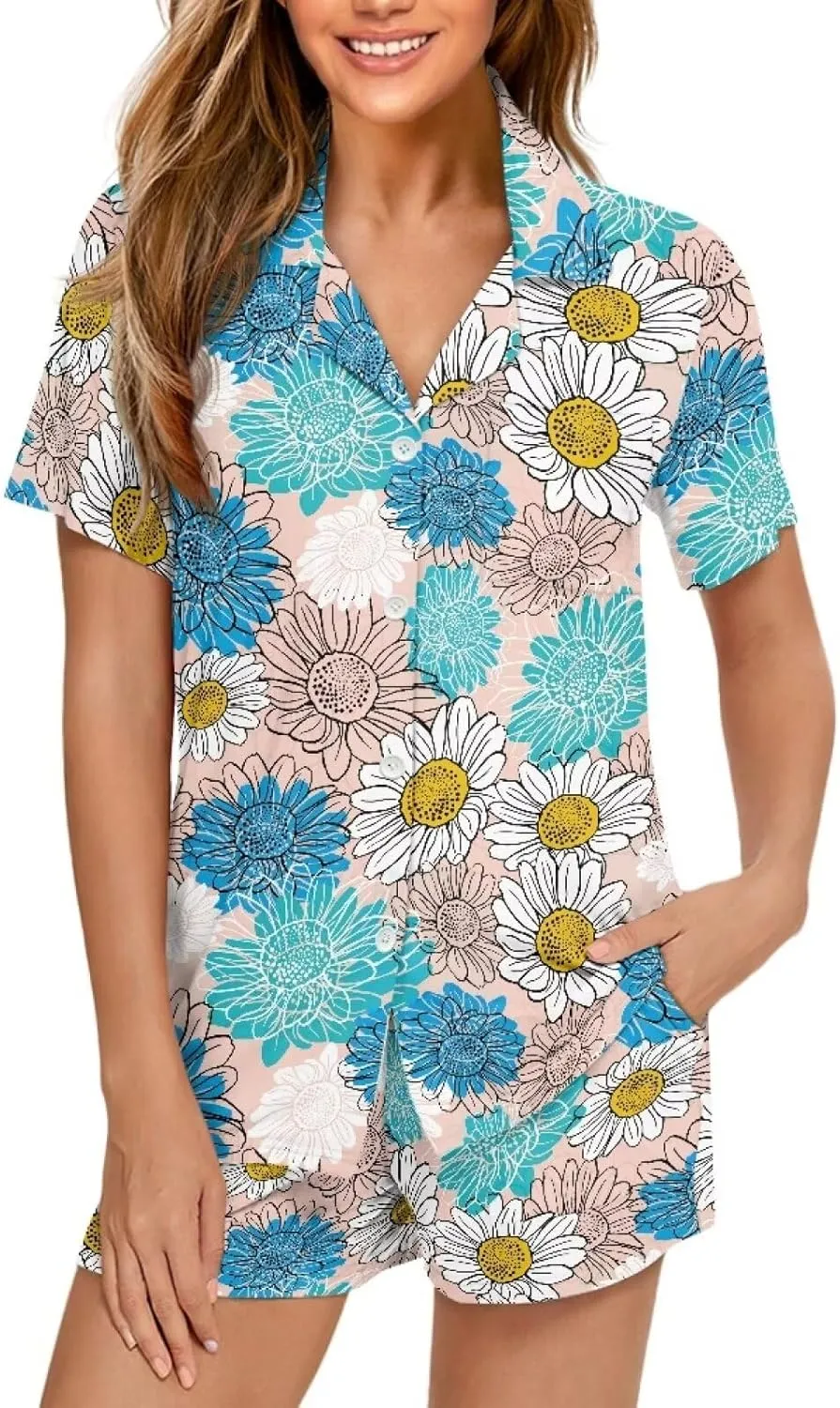 Women's Pajama Set 2-Piece Sleepwear Comfy Loose Loungewear Short Sleeve PJ Set Button Tops Short Pants Pjs