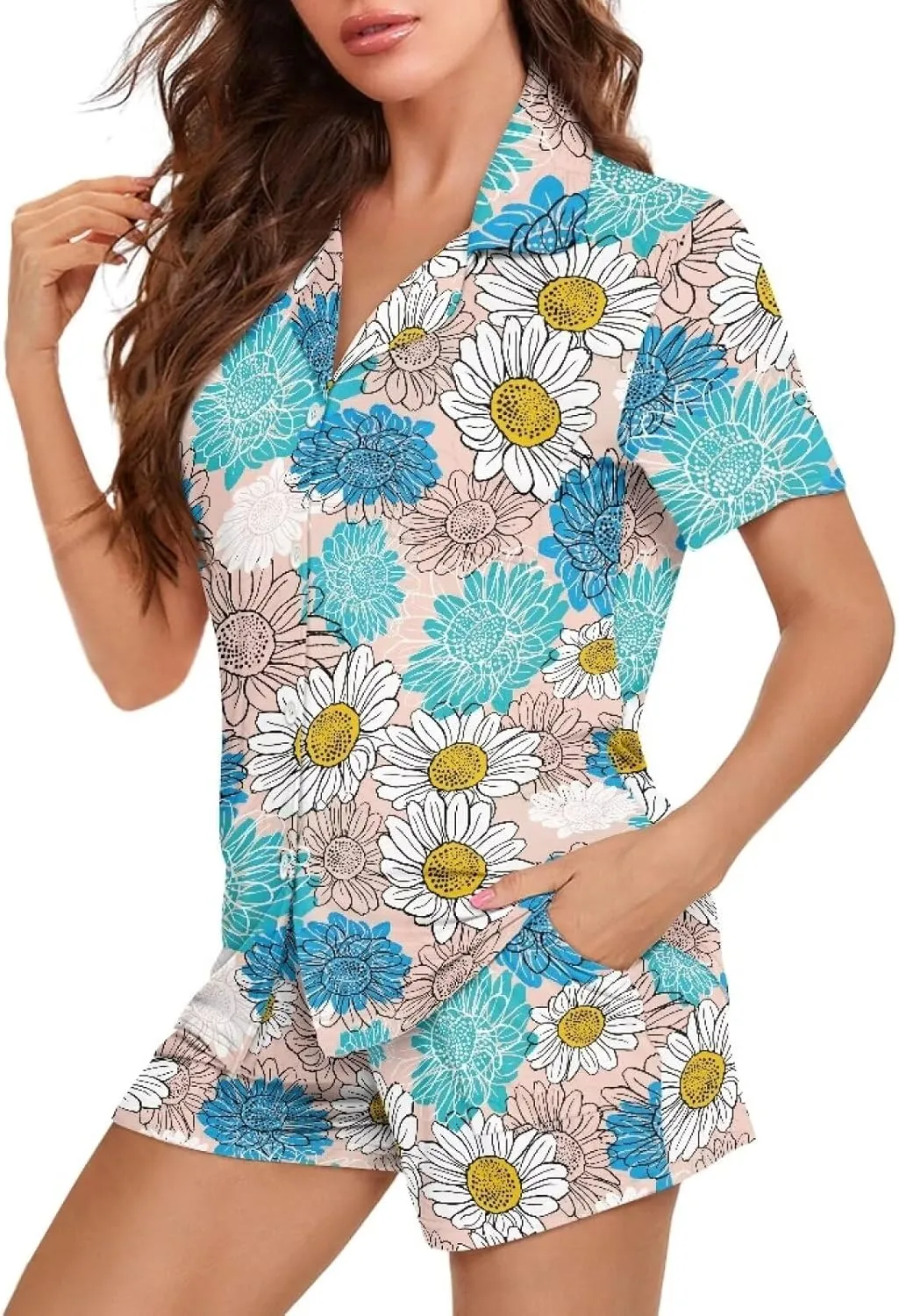 Women's Pajama Set 2-Piece Sleepwear Comfy Loose Loungewear Short Sleeve PJ Set Button Tops Short Pants Pjs