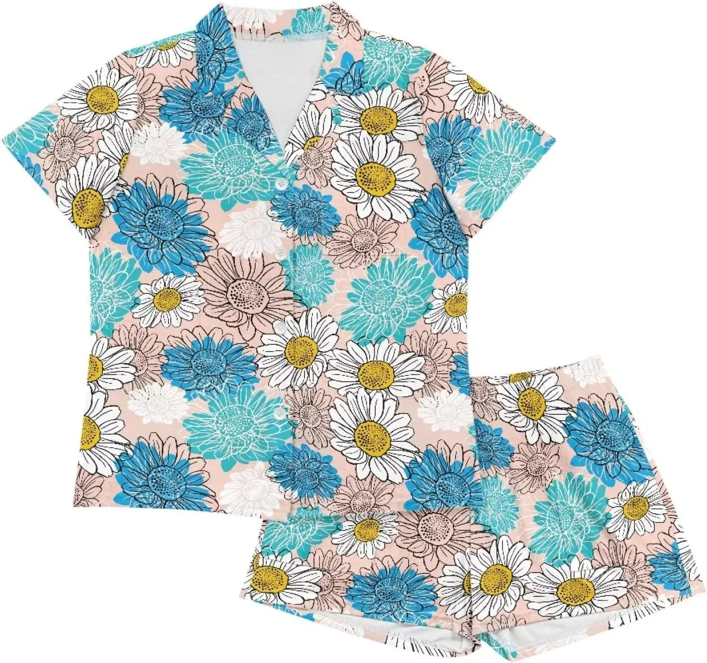 Women's Pajama Set 2-Piece Sleepwear Comfy Loose Loungewear Short Sleeve PJ Set Button Tops Short Pants Pjs