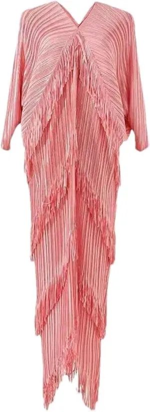 Women's Pleated Maxi Dress with V Neck Batwing Sleeves A Line Tassel Details Solid Color Formal Evening Gown