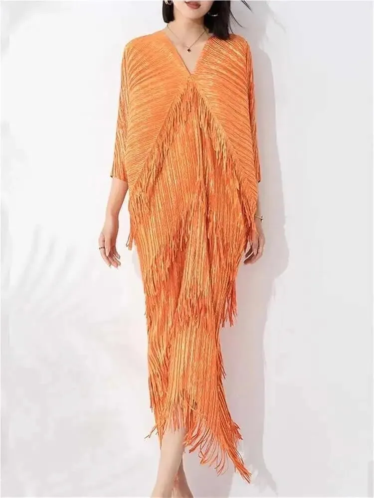 Women's Pleated Maxi Dress with V Neck Batwing Sleeves A Line Tassel Details Solid Color Formal Evening Gown