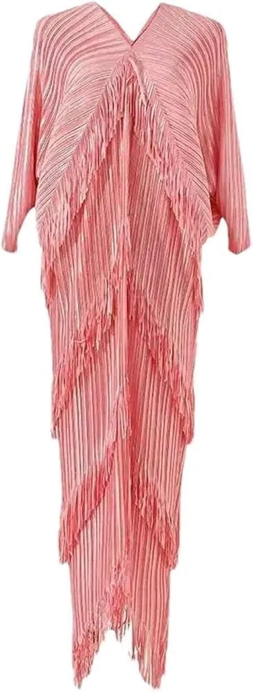 Women's Pleated Maxi Dress with V Neck Batwing Sleeves A Line Tassel Details Solid Color Formal Evening Gown