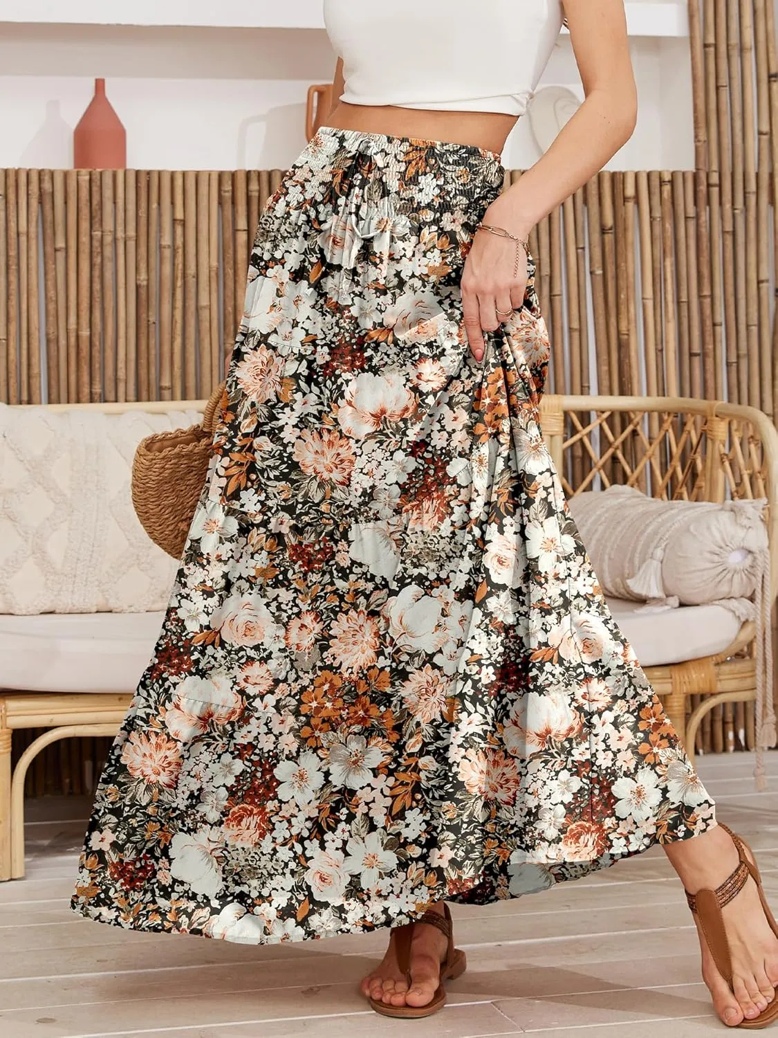 Womens Ruffle Maxi Skirts:High-Waist Elastic Pleated Long Skirt-Summer Casual Boho Flowy Skirts with Drawstring