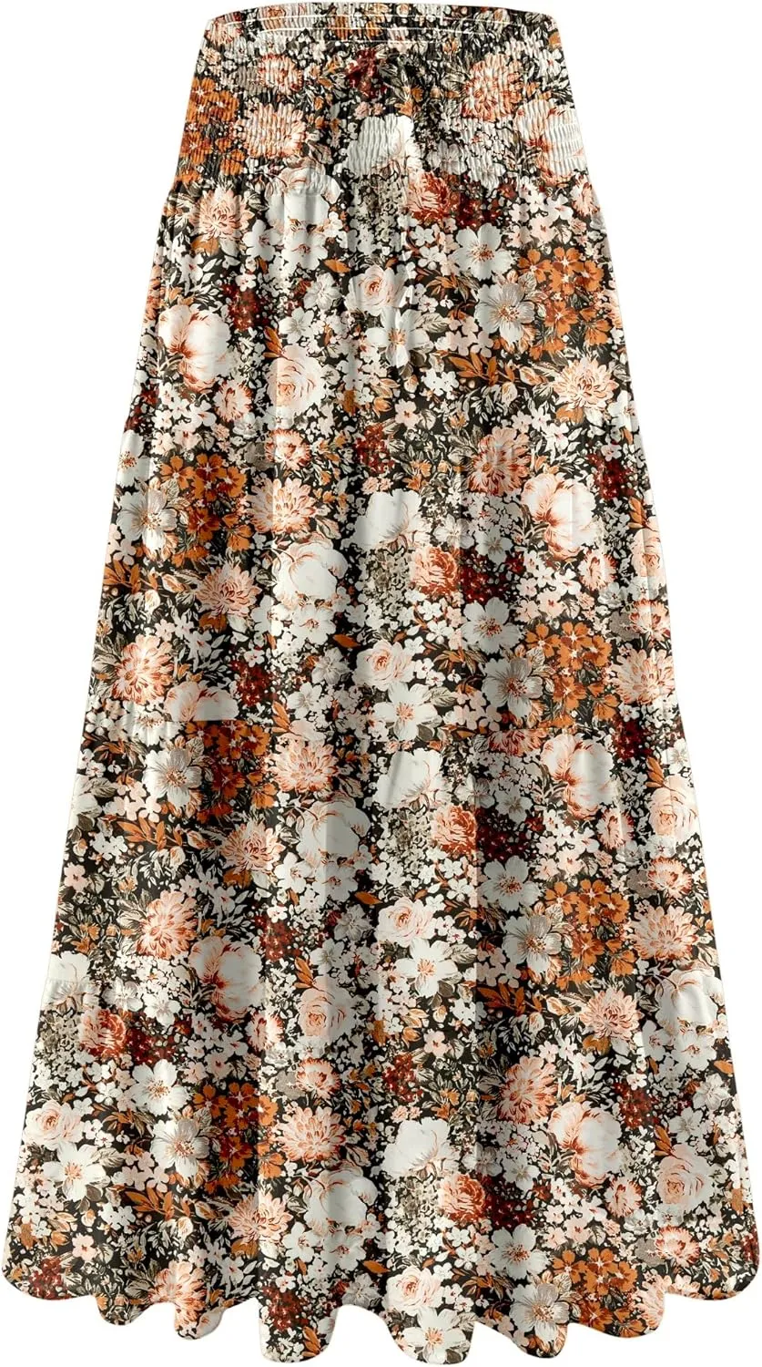 Womens Ruffle Maxi Skirts:High-Waist Elastic Pleated Long Skirt-Summer Casual Boho Flowy Skirts with Drawstring