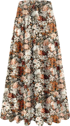 Womens Ruffle Maxi Skirts:High-Waist Elastic Pleated Long Skirt-Summer Casual Boho Flowy Skirts with Drawstring