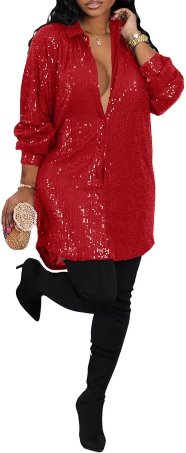 Womens Sequin Button Down Dress Shirt Long Sleeve Loose Fit Blouse Tops Mini Dress Casual Party Sexy Clubwear Dresses