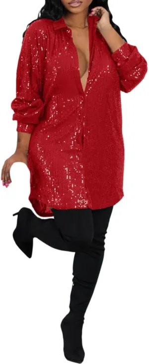 Womens Sequin Button Down Dress Shirt Long Sleeve Loose Fit Blouse Tops Mini Dress Casual Party Sexy Clubwear Dresses