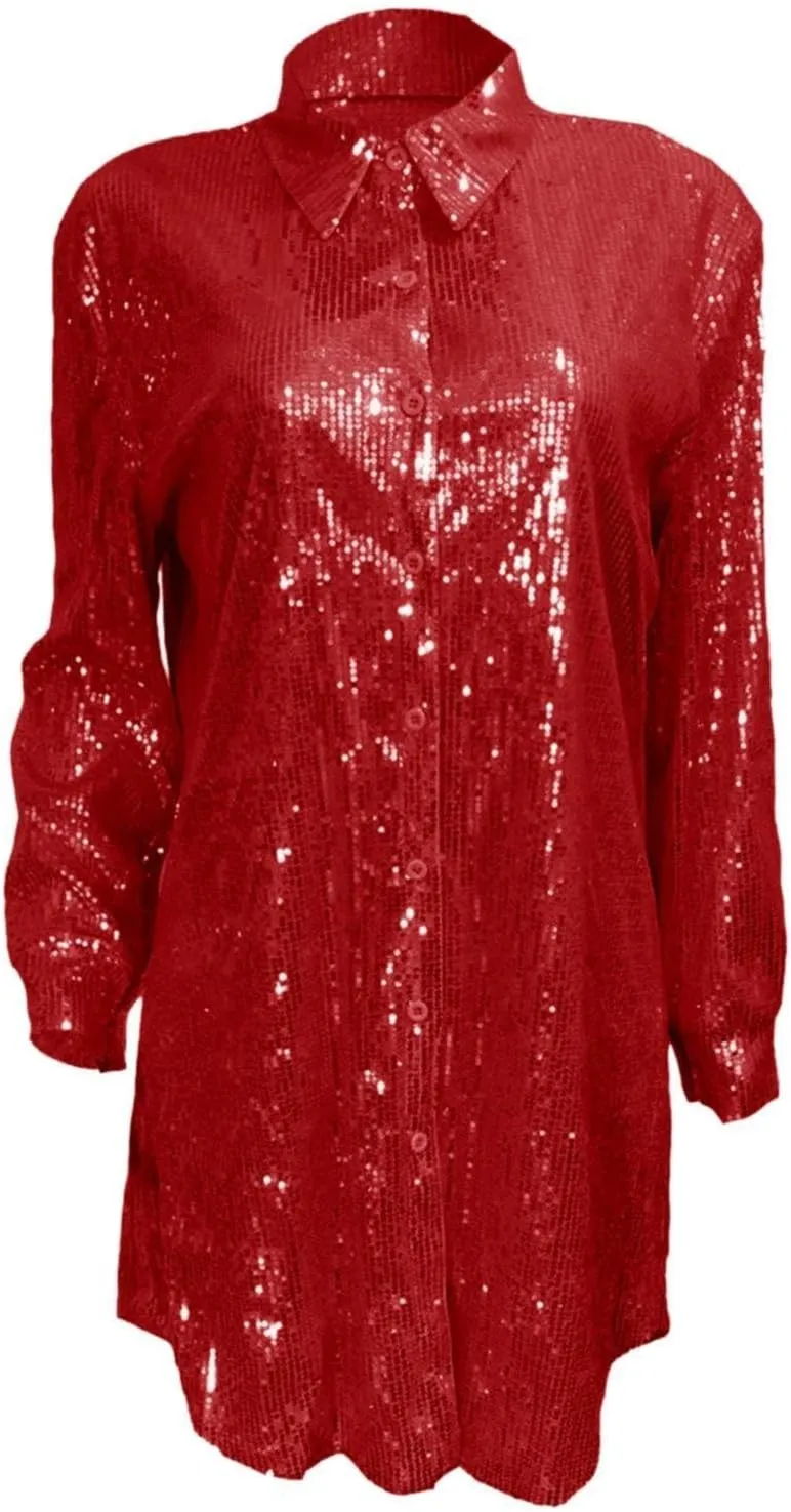 Womens Sequin Button Down Dress Shirt Long Sleeve Loose Fit Blouse Tops Mini Dress Casual Party Sexy Clubwear Dresses