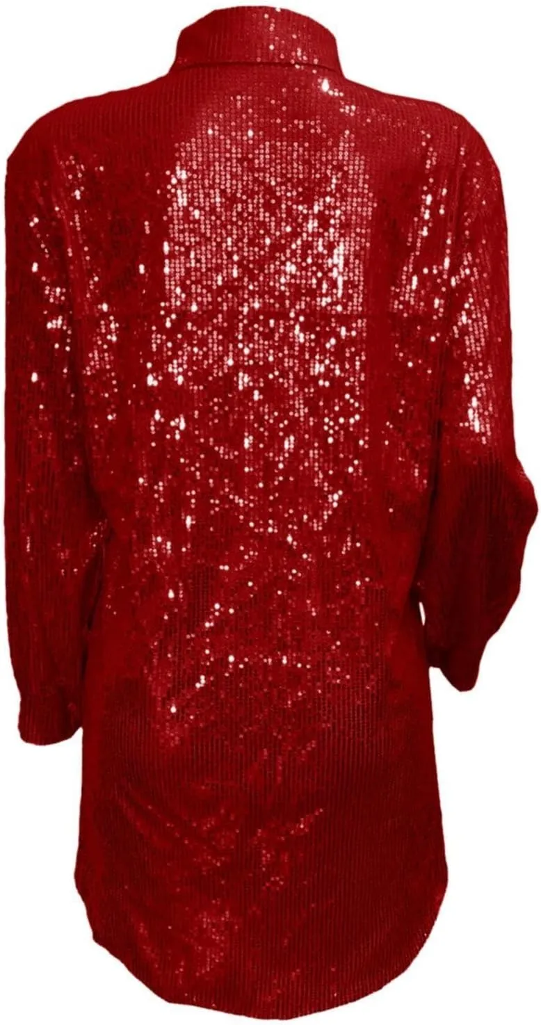 Womens Sequin Button Down Dress Shirt Long Sleeve Loose Fit Blouse Tops Mini Dress Casual Party Sexy Clubwear Dresses