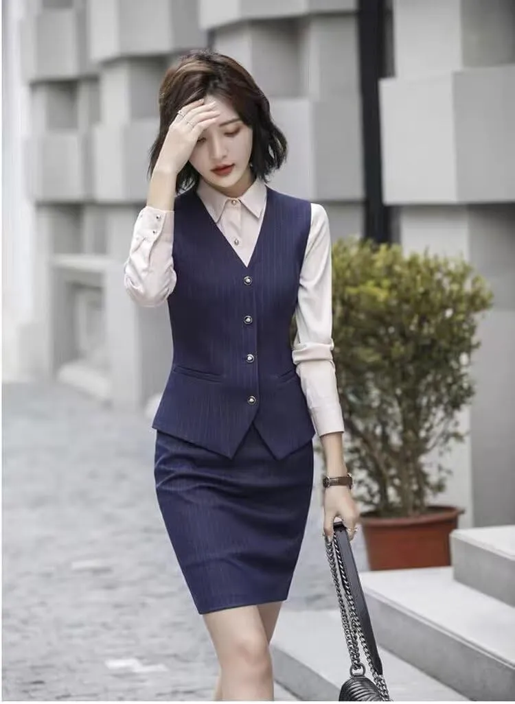Women's Skirt Suit 3 Piece Striped Suit Lady Petite Business Formal Suit Set Jacket Vest Skirt