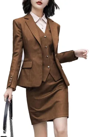 Women's Skirt Suit 3 Piece Striped Suit Lady Petite Business Formal Suit Set Jacket Vest Skirt