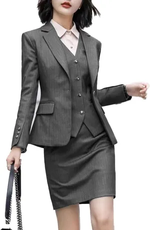 Women's Skirt Suit 3 Piece Striped Suit Lady Petite Business Formal Suit Set Jacket Vest Skirt