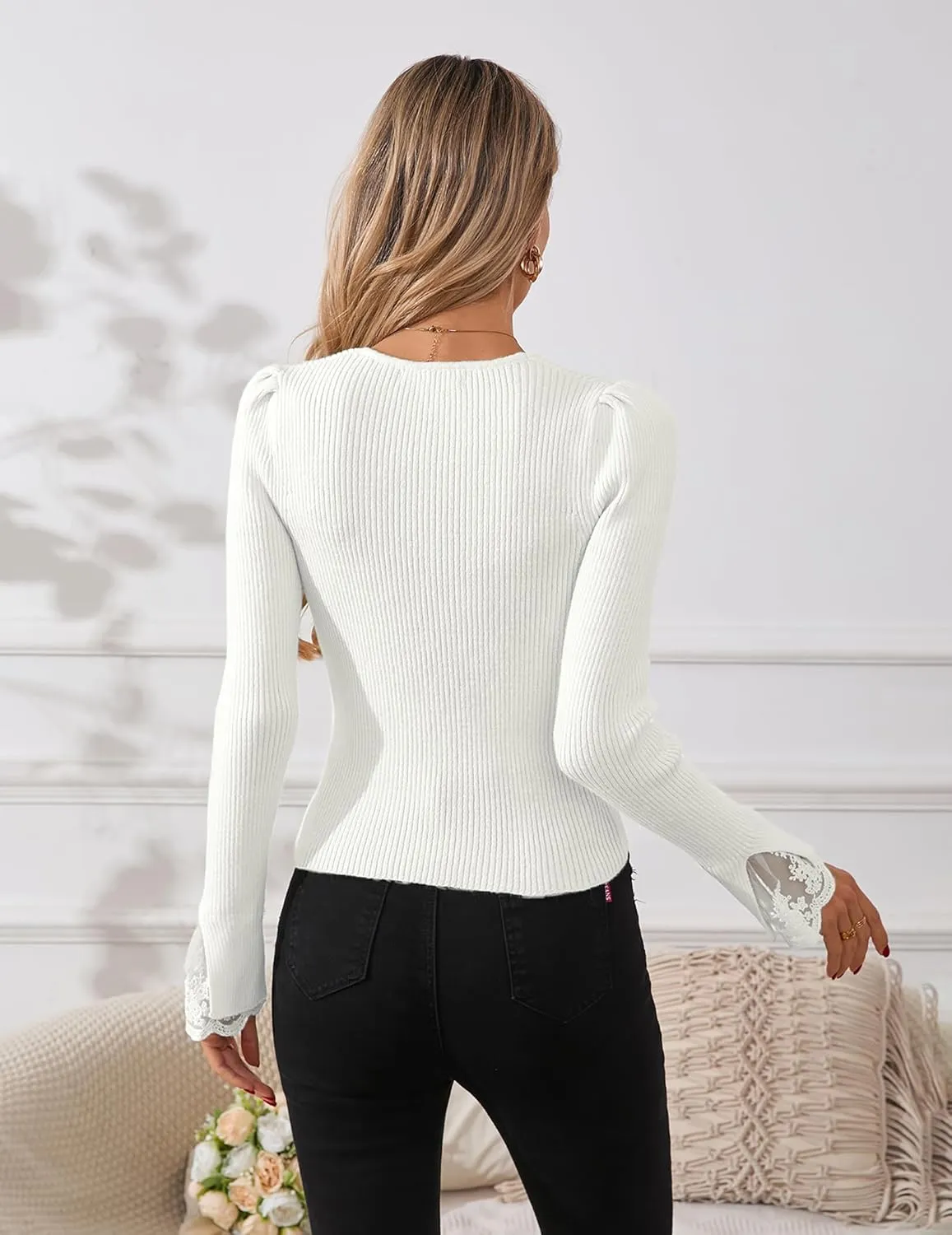 Womens Slim Dressy Pearl Lace Ruffle Sweater Spring 2025 Business Casual Outfits V Neck Ribbed Knit Tunic Tops