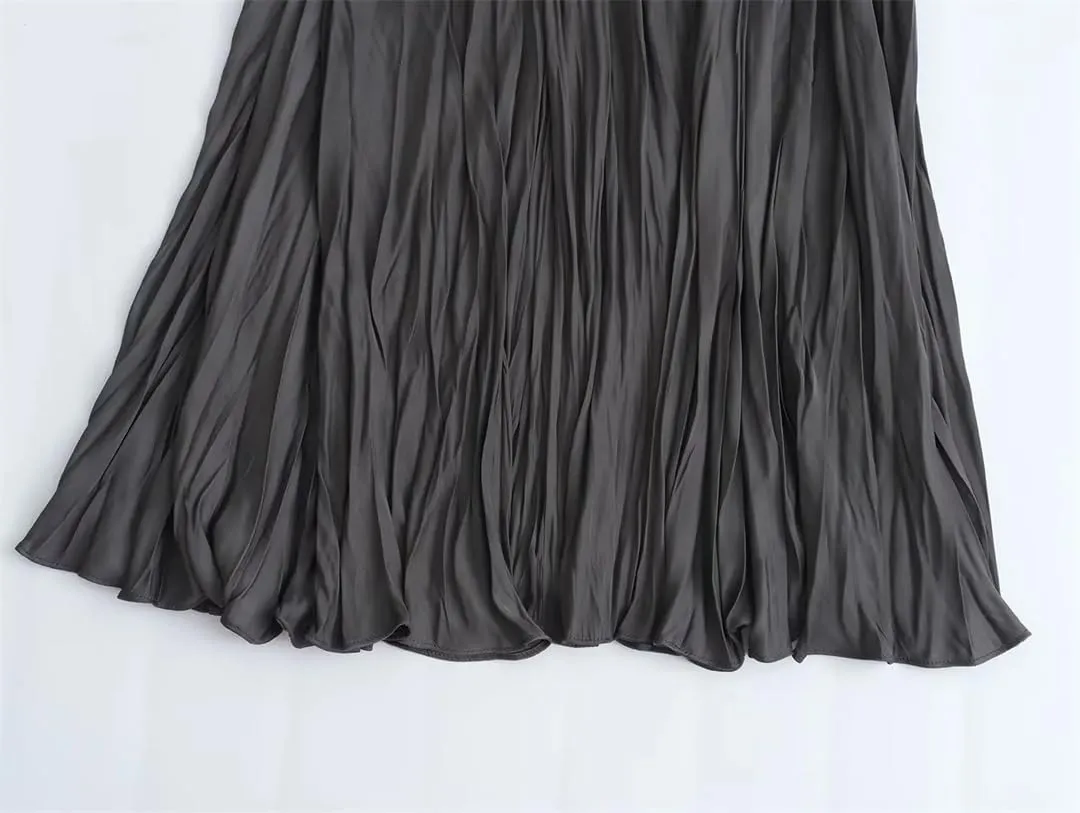 Women's Spring Summer Elastic Waist Pleated Skirt Casual Solid Color Commuter Midi Skirt