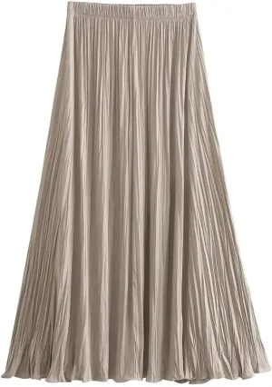 Women's Spring Summer Elastic Waist Pleated Skirt Casual Solid Color Commuter Midi Skirt