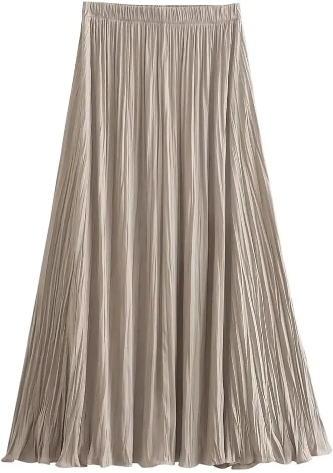 Women's Spring Summer Elastic Waist Pleated Skirt Casual Solid Color Commuter Midi Skirt