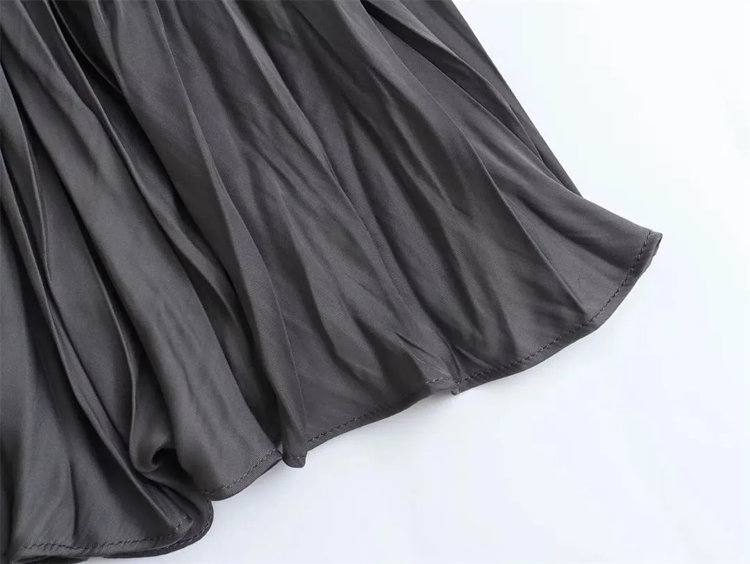 Women's Spring Summer Elastic Waist Pleated Skirt Casual Solid Color Commuter Midi Skirt
