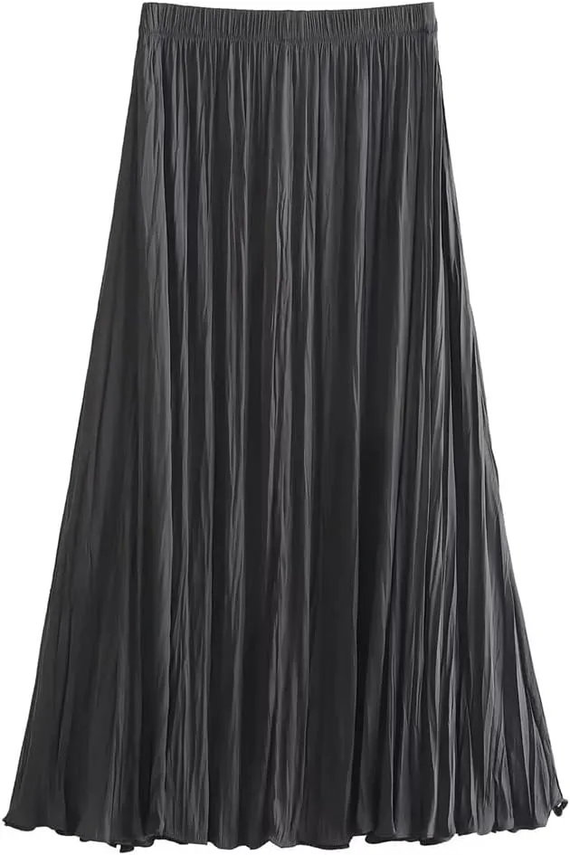 Women's Spring Summer Elastic Waist Pleated Skirt Casual Solid Color Commuter Midi Skirt