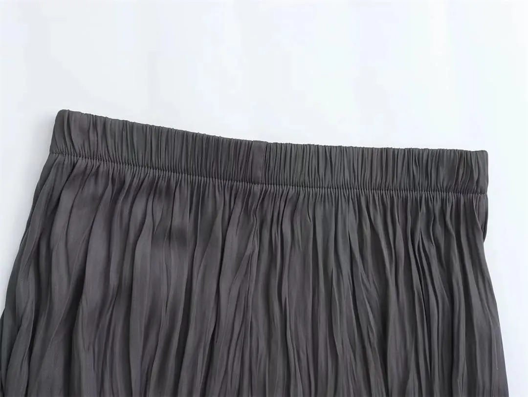 Women's Spring Summer Elastic Waist Pleated Skirt Casual Solid Color Commuter Midi Skirt