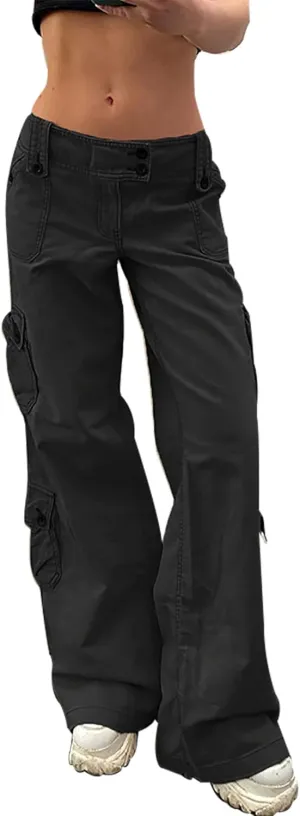 Womens Straight Wide Leg Cargo Jeans Vintage Flap Pocket Cargo Pants Baggy Y2k Pants