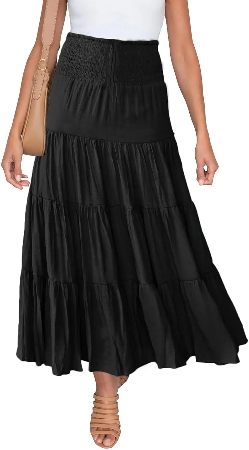 Women's Summer Elastic High Waist Boho Maxi Skirt Casual Drawstring A Line Long Skirt Princess Skirt