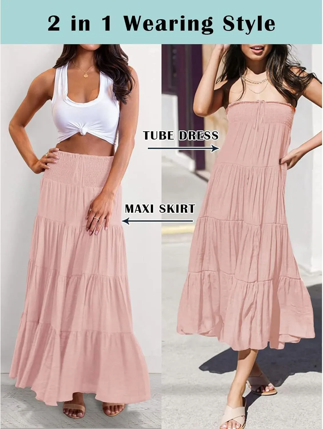 Women's Summer Elastic High Waist Boho Maxi Skirt Casual Drawstring A Line Long Skirt Princess Skirt