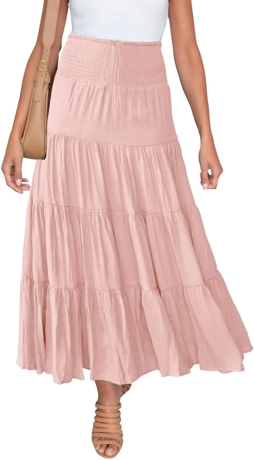 Women's Summer Elastic High Waist Boho Maxi Skirt Casual Drawstring A Line Long Skirt Princess Skirt