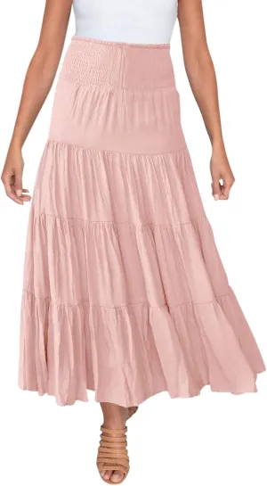 Women's Summer Elastic High Waist Boho Maxi Skirt Casual Drawstring A Line Long Skirt Princess Skirt