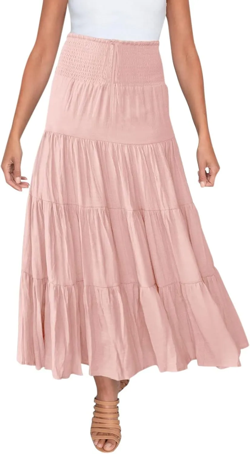 Women's Summer Elastic High Waist Boho Maxi Skirt Casual Drawstring A Line Long Skirt Princess Skirt