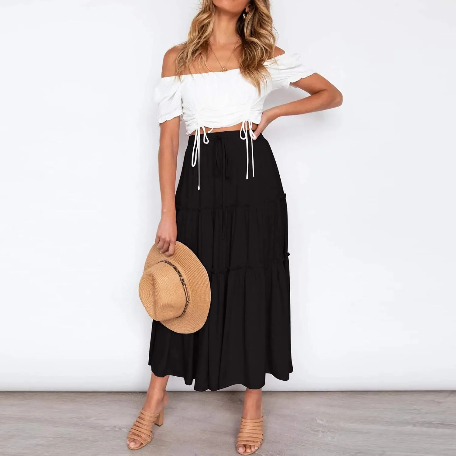 Women's Summer Elastic High Waist Boho Maxi Skirt Casual Drawstring A Line Long Skirt Princess Skirt