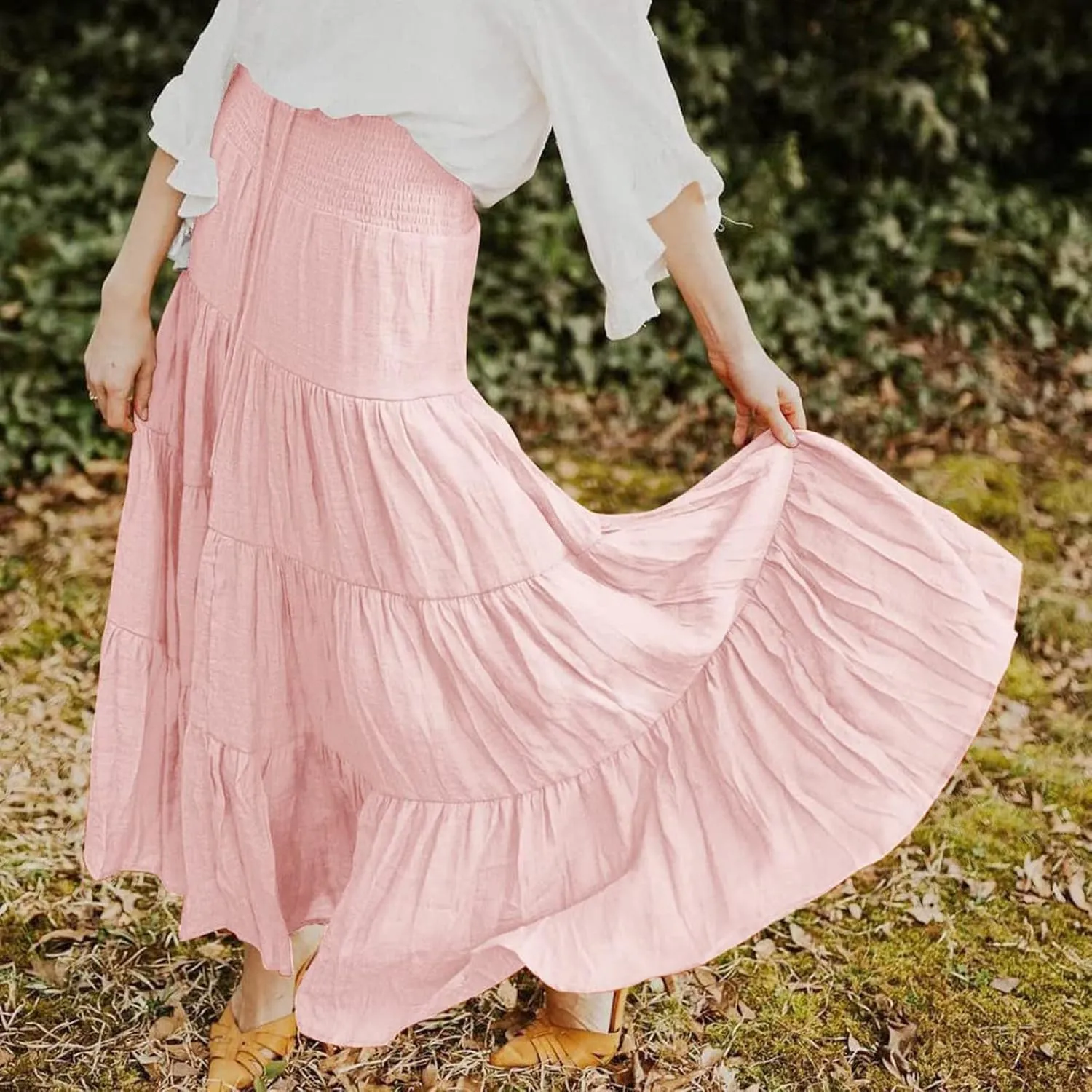 Women's Summer Elastic High Waist Boho Maxi Skirt Casual Drawstring A Line Long Skirt Princess Skirt
