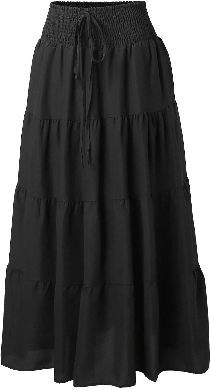 Women's Summer Elastic High Waist Boho Maxi Skirt Casual Drawstring A Line Long Skirt Princess Skirt
