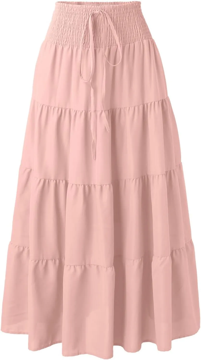 Women's Summer Elastic High Waist Boho Maxi Skirt Casual Drawstring A Line Long Skirt Princess Skirt