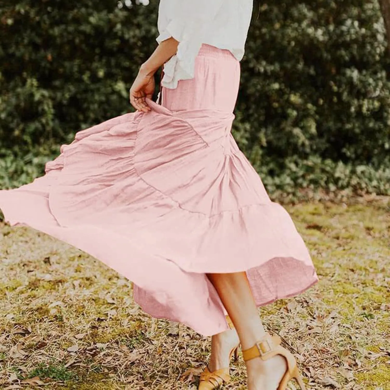Women's Summer Elastic High Waist Boho Maxi Skirt Casual Drawstring A Line Long Skirt Princess Skirt
