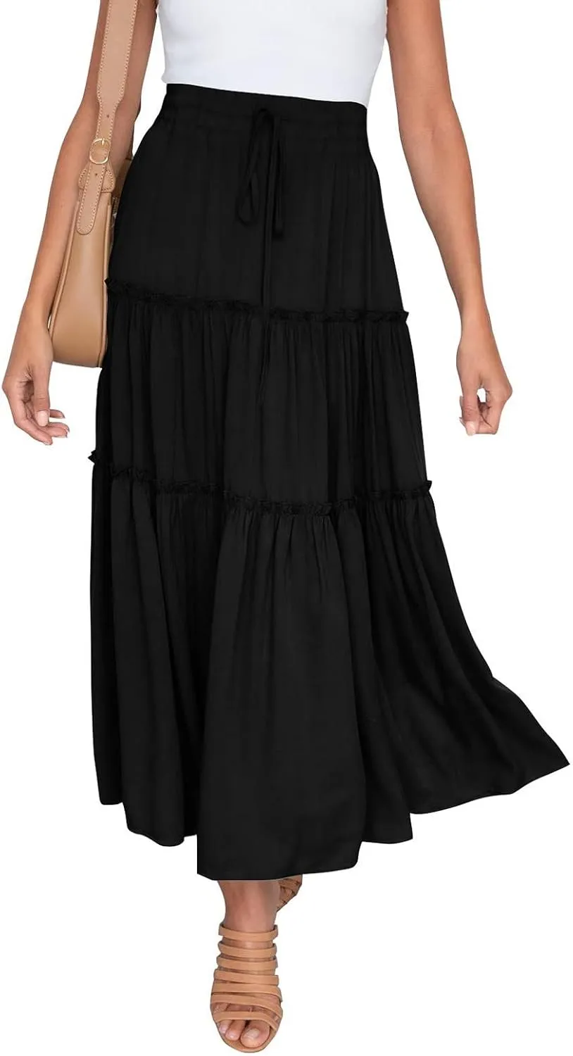 Women's Summer Elastic High Waist Boho Maxi Skirt Casual Drawstring A Line Long Skirt Princess Skirt