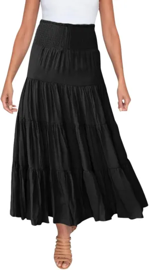 Women's Summer Elastic High Waist Boho Maxi Skirt Casual Drawstring A Line Long Skirt Princess Skirt