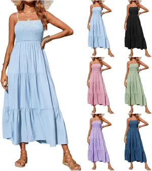 Women's Summer Maxi Dress Square Neck Spaghetti Straps Smocked Casual Beach Sundresses Flowy Tiered Long Dress