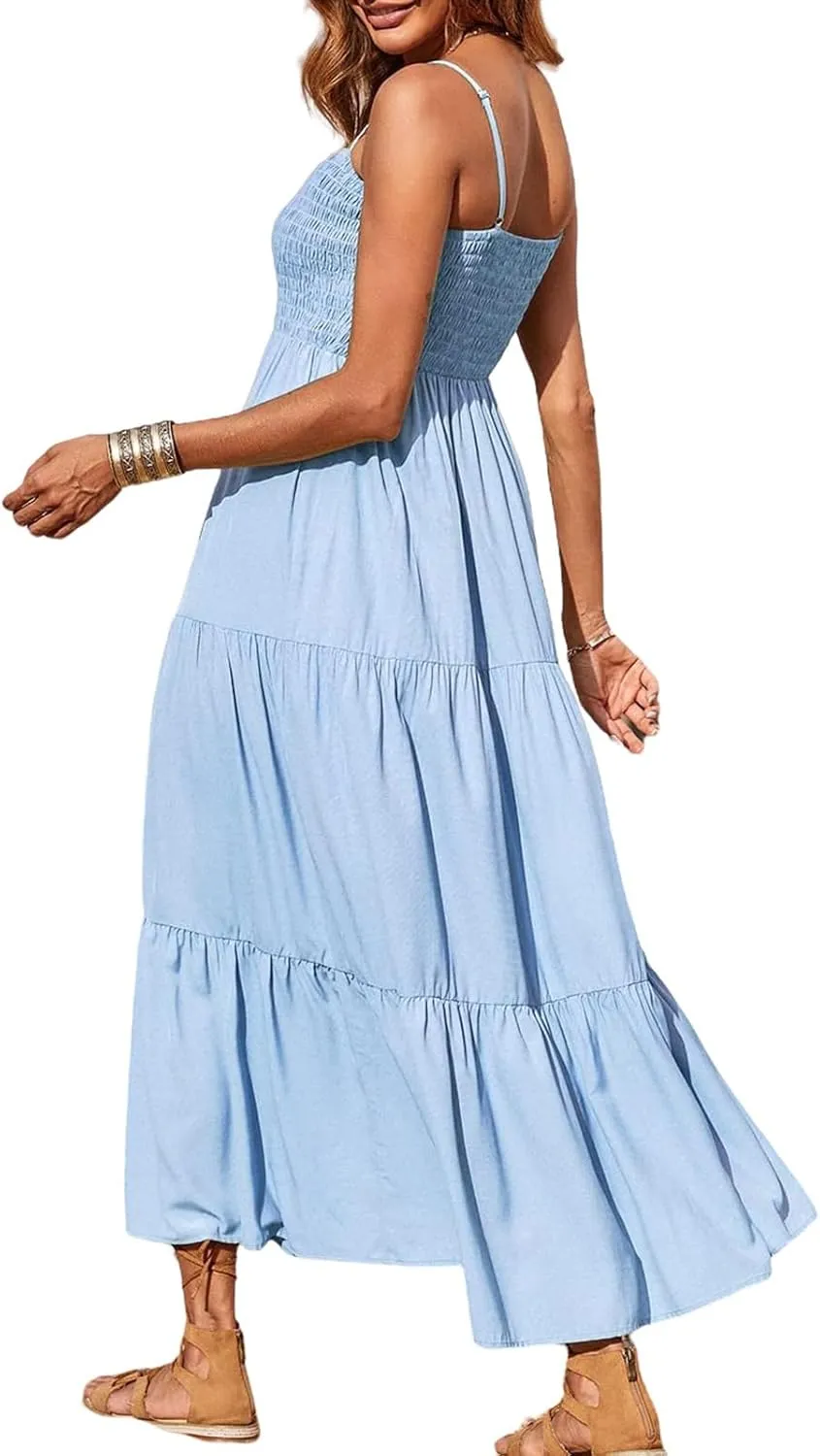 Women's Summer Maxi Dress Square Neck Spaghetti Straps Smocked Casual Beach Sundresses Flowy Tiered Long Dress