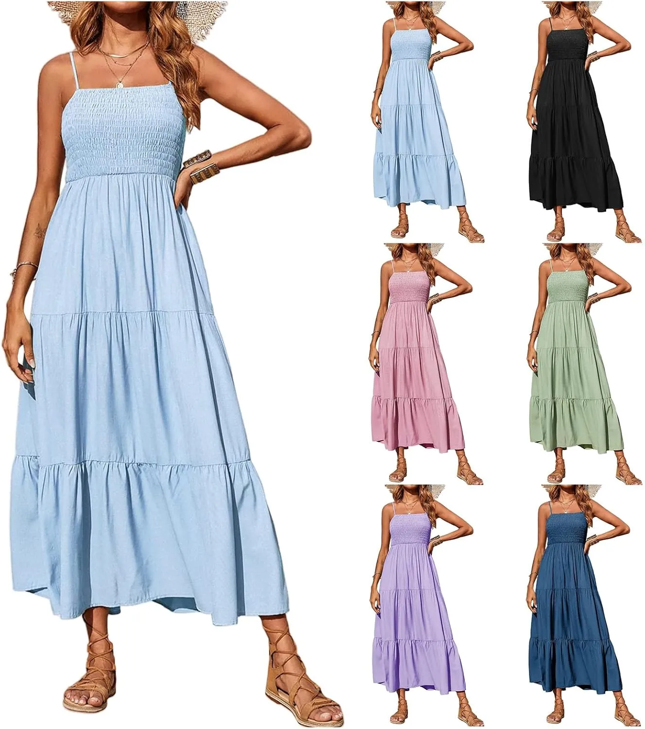 Women's Summer Maxi Dress Square Neck Spaghetti Straps Smocked Casual Beach Sundresses Flowy Tiered Long Dress