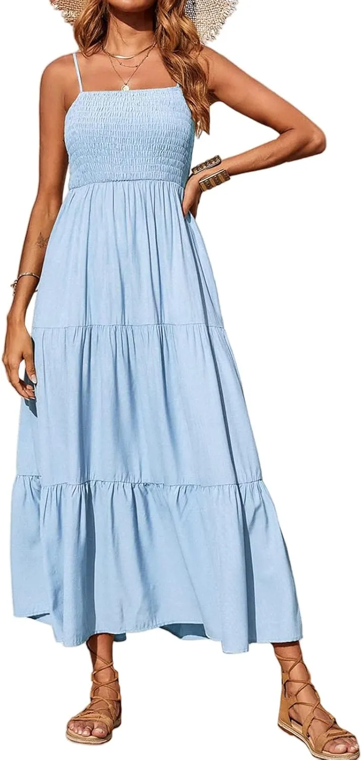 Women's Summer Maxi Dress Square Neck Spaghetti Straps Smocked Casual Beach Sundresses Flowy Tiered Long Dress