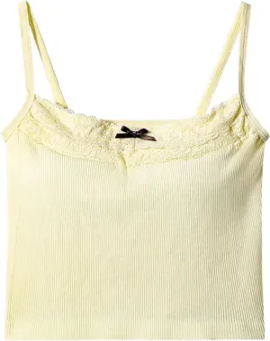 Women's Sweet Hot Girl French Bow Lace Spliced Camisole One -Shoulder Sleeveless Short Suspender Tops with Breast Pad
